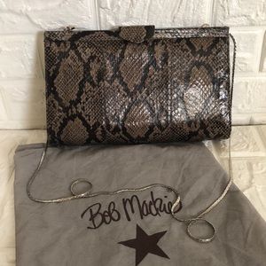 Bob Mackie dressy faux snake clutch with silver‎ chain with dust bag 11" x 6"